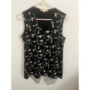 Mesh+lace Womens Blouse Black Floral Sleeveless Waterfall Embroidered S New